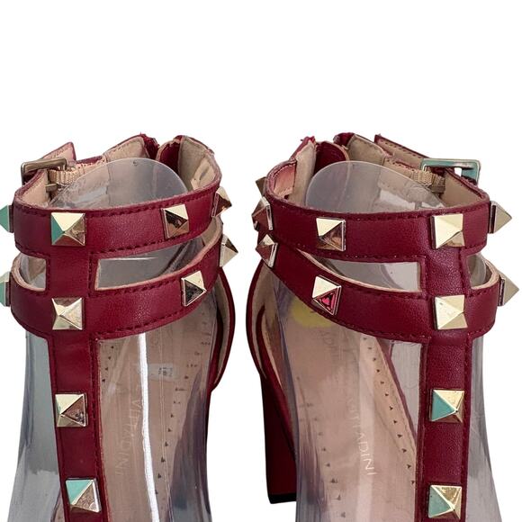 Adrienne Vittadini Red Studded T-Strap Block Heels Back Zip - Picture 7 of 12
